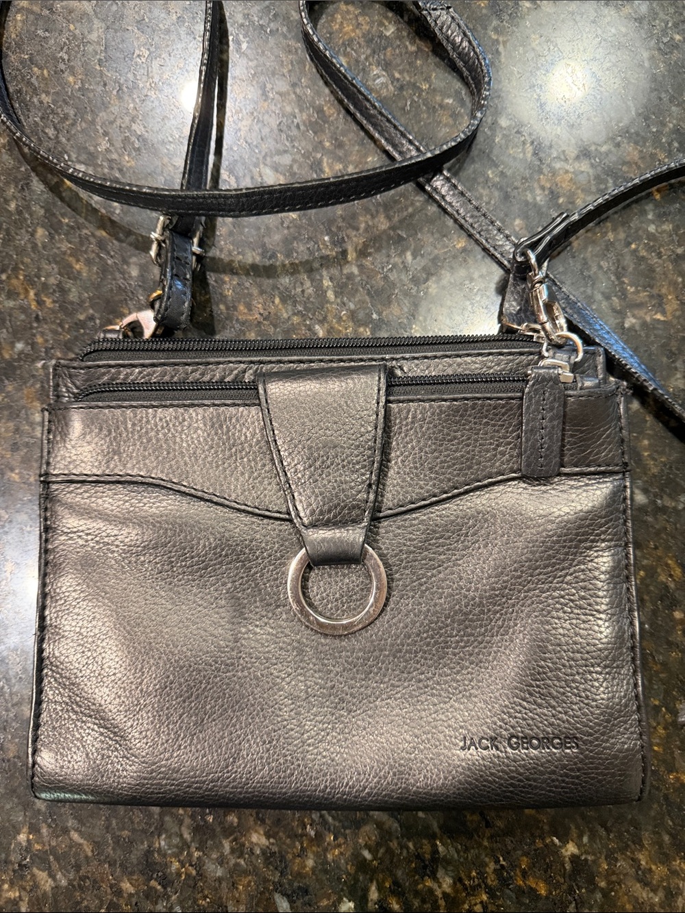 Jack Georges Black Leather Crossbody with Ring Accent
